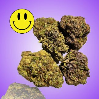Close-up of Purple Punch cannabis strain buds against a purple background, featuring a smiling emoji.