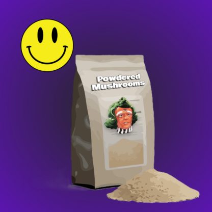 A bag of powdered mushrooms with a small pile of the powder beside it, set against a vibrant purple background.