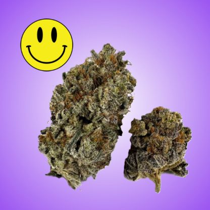 A close-up image of two dense, frosty buds of Cherry Pie cannabis strain against a vibrant purple background, accompanied by a smiling emoji.